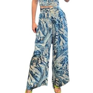 House of Harlow Wide Leg Trouser Pants Blue Multi Sea Foam Retro